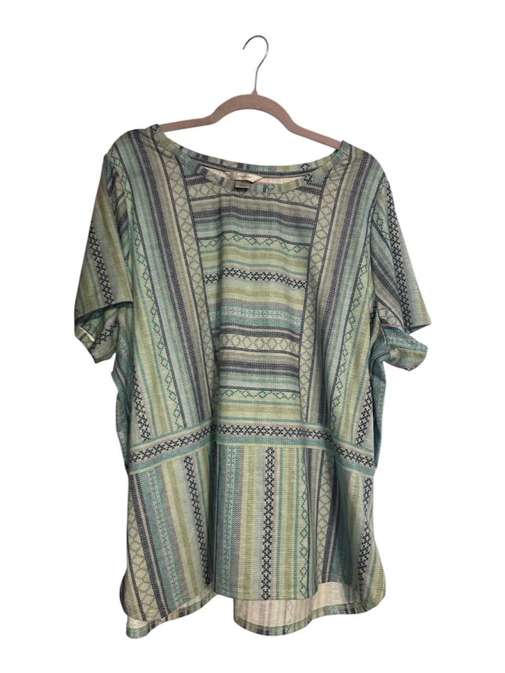 CJ Banks Sage Green and Teal Striped Boho Tunic 2x like new soft short sleeves